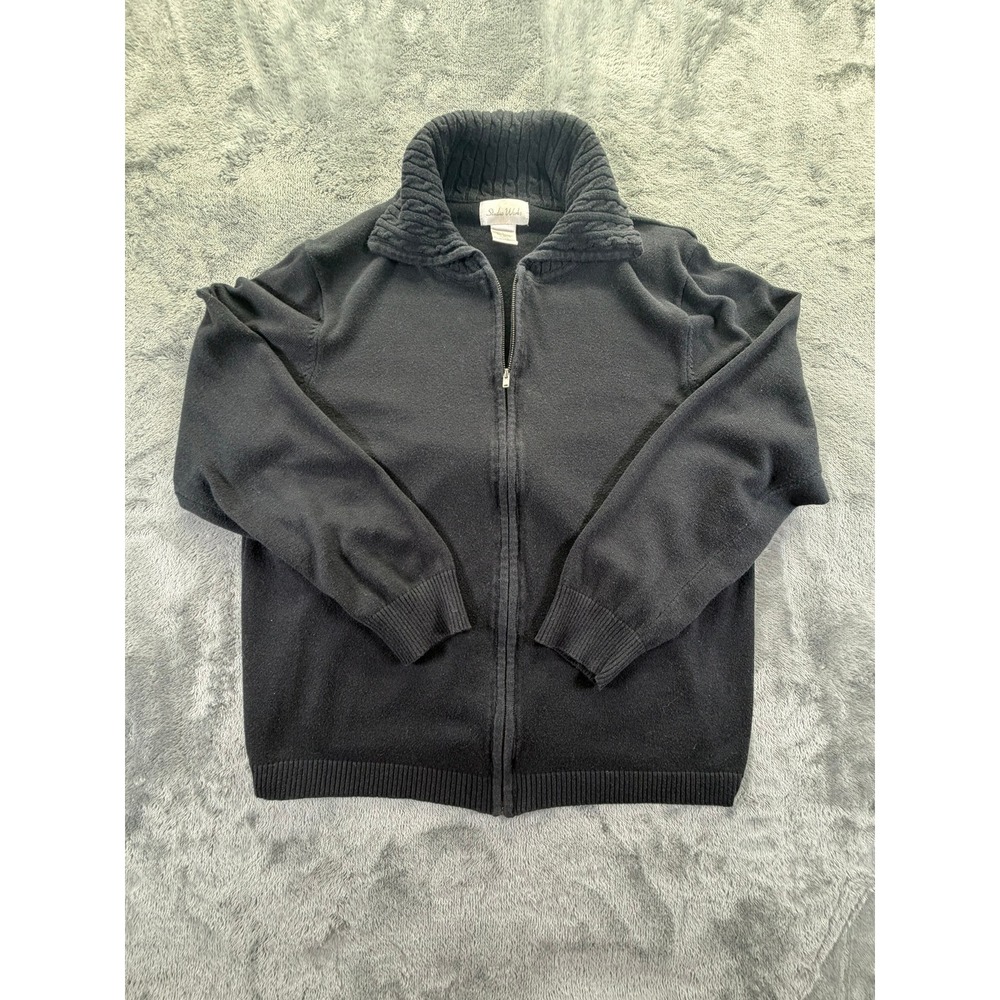Studio Works Womens Black Full Zip Cardigan Sweater Cable Knit Collar Large
